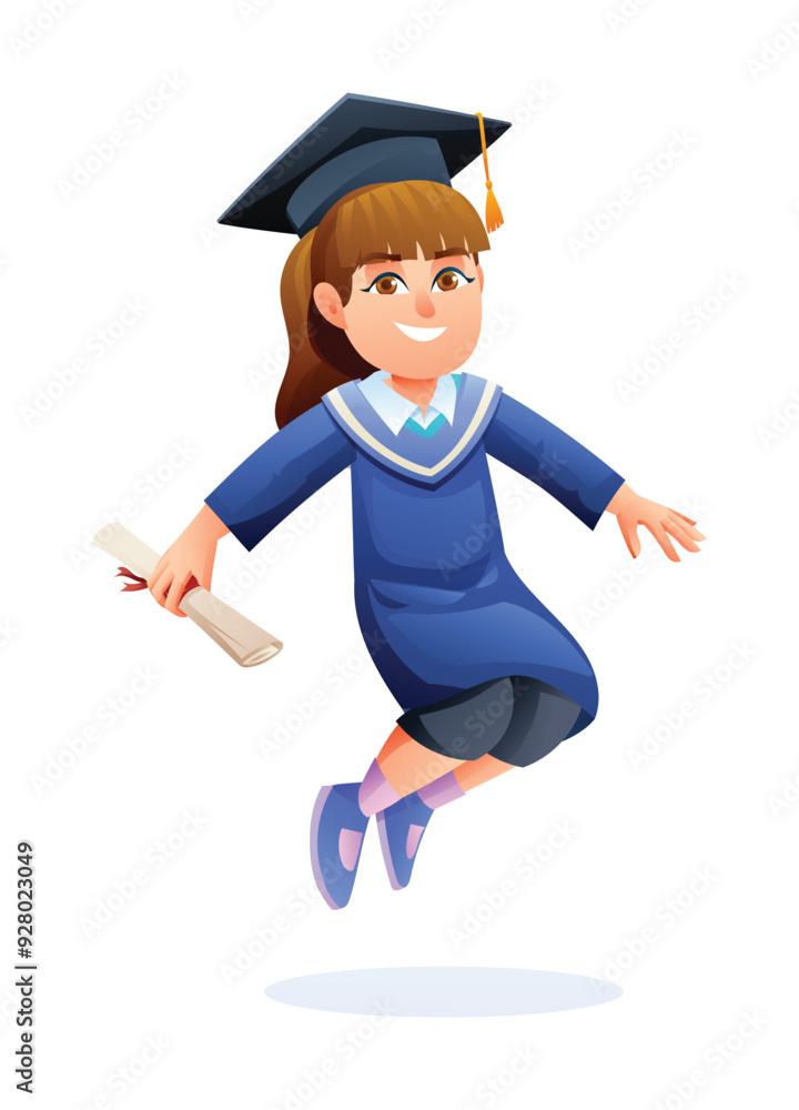Happy girl in graduation cap and gown, holding diploma, jumping in excitement. Vector character cartoon illustration Happy girl in graduation cap and gown, holding diploma, jumping in excitement. Vector character cartoon illustration