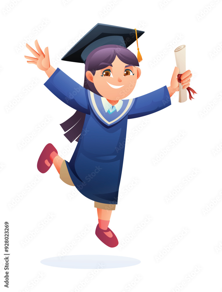 Happy girl in graduation cap and gown, holding diploma, jumping in celebration. Vector cartoon character illustration Happy girl in graduation cap and gown, holding diploma, jumping in celebration. Vector cartoon character illustration