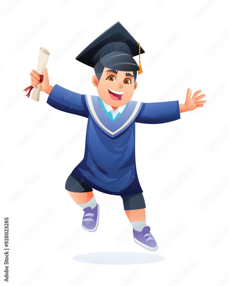 Happy boy in graduation cap and gown, holding diploma, jumping in celebration. Vector cartoon illustration Happy boy in graduation cap and gown, holding diploma, jumping in celebration. Vector cartoon illustration