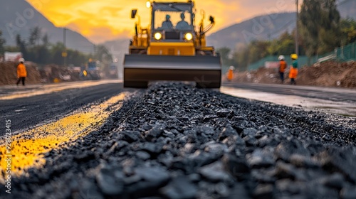 Road construction equipment is working on a section of road, creating noise and dust. Workers coordinate the process.