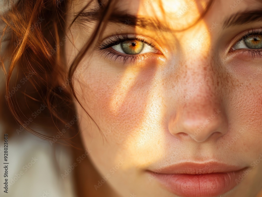 Close-Up Portrait of a Young Woman with Freckles and Green Eyes in Natural Sunlight Close-Up Portrait of a Young Woman with Freckles and Green Eyes in Natural Sunlight