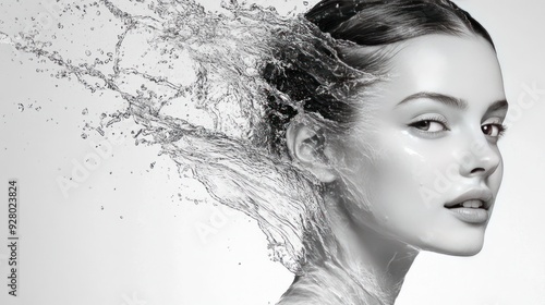 Closeup portrait of a young woman with water splashing around her.