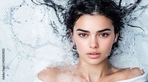 Young woman with dark hair and brown eyes in water with a splash.