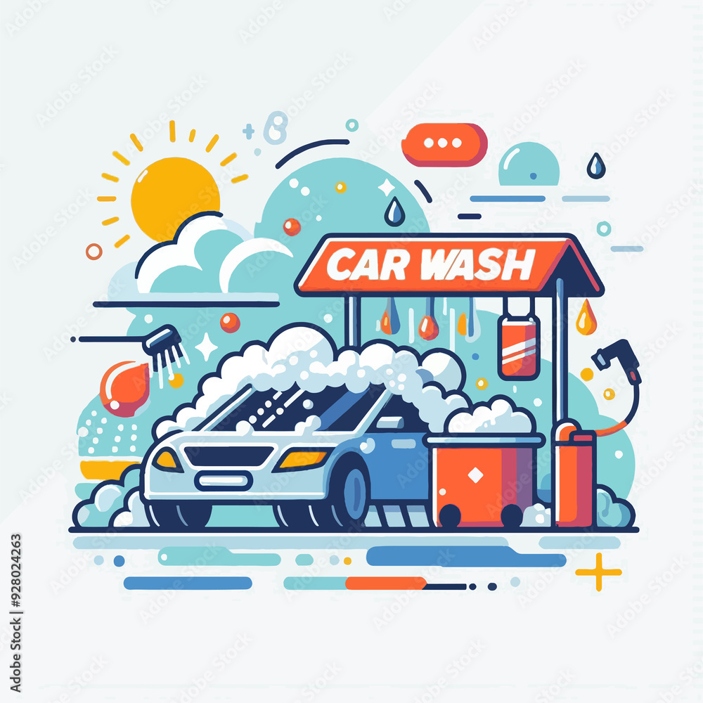 Fototapeta premium A cartoon drawing of a car wash with a car in the foreground