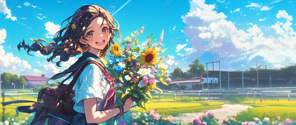 Cheerful Anime Student Holding Bouquet of sunflower in Sunny Schoolyard and bright sky Cheerful Anime Student Holding Bouquet of sunflower in Sunny Schoolyard and bright sky