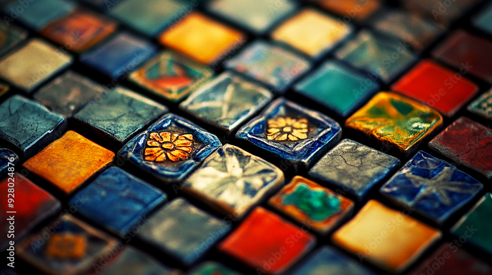 macro shot of mosaic tiles with vibrant colors and intricate patterns, set in a softly lit, artistic environment that emphasizes macro shot of mosaic tiles with vibrant colors and intricate patterns, set in a softly lit, artistic environment that emphasizes