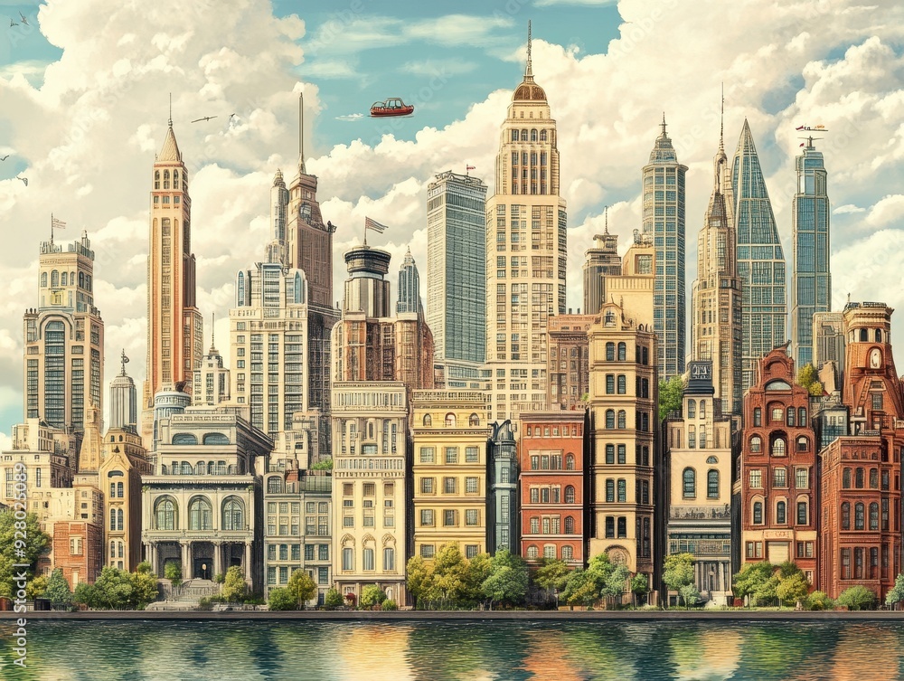 Obraz premium Stunning Cityscape with Diverse Architectural Styles and Skyscrapers Under a Vibrant Sky