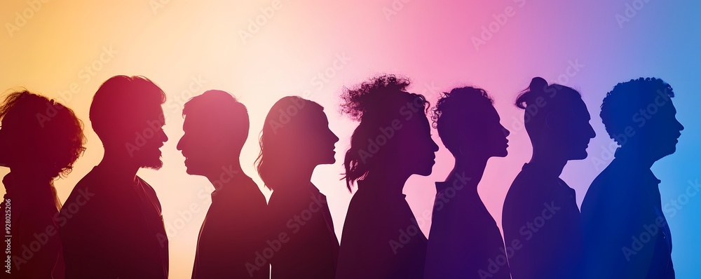 Silhouettes of People in a Line Against a Multicolored Gradient Background Silhouettes of People in a Line Against a Multicolored Gradient Background