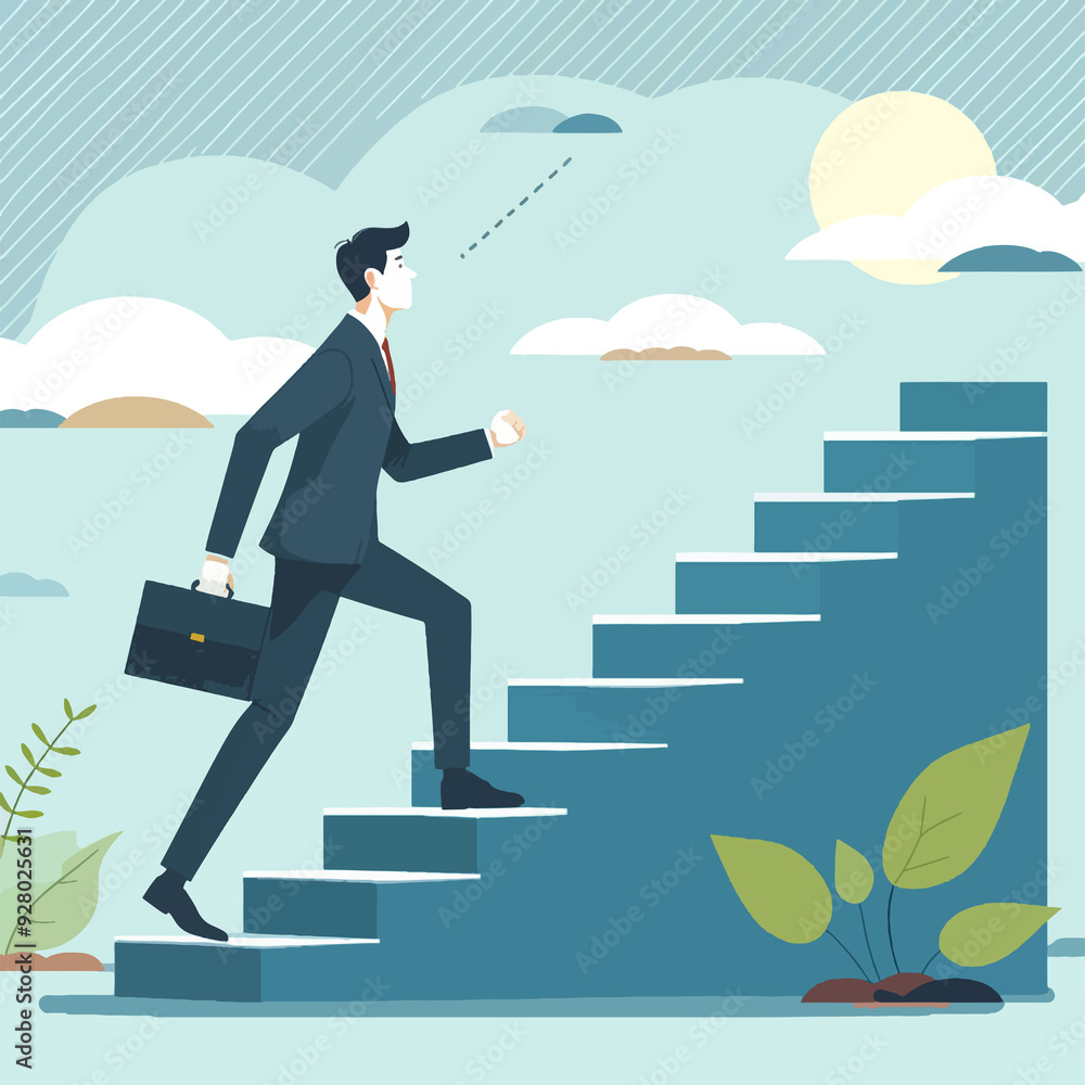 A man in a suit is running up a set of stairs A man in a suit is running up a set of stairs
