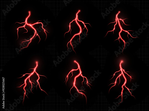 Thunderstorm lightning, thunderbolt strike, realistic electric zipper, energy flash light effect, red lightning bolt isolated on dark background. Vector illustration.
