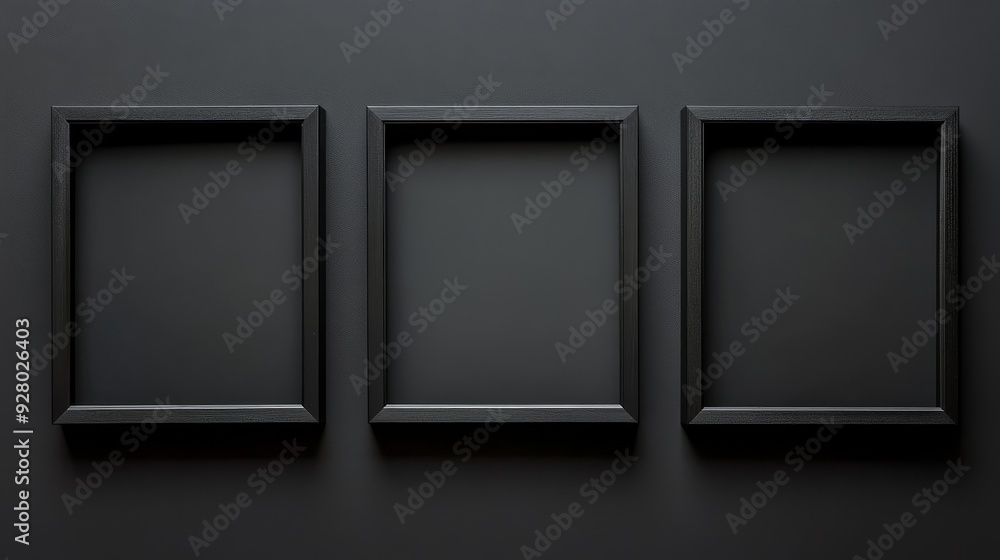 Three black picture frames on black background Three black picture frames on black background