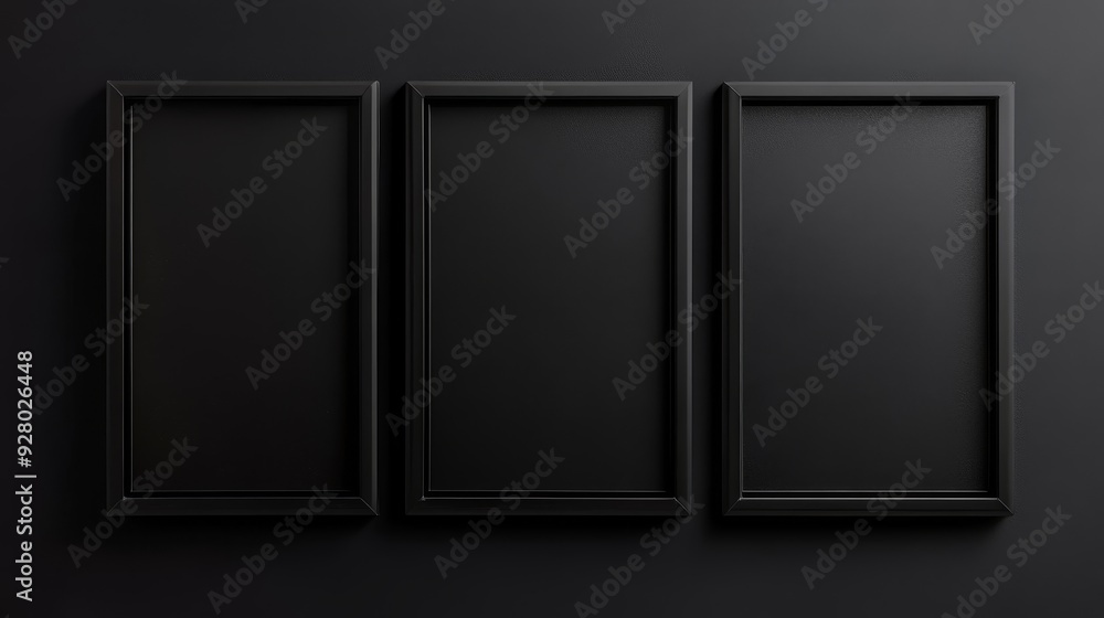 Three black picture frames on black background Three black picture frames on black background