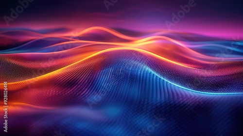 Abstract digital landscape with glowing waves in vibrant colors.