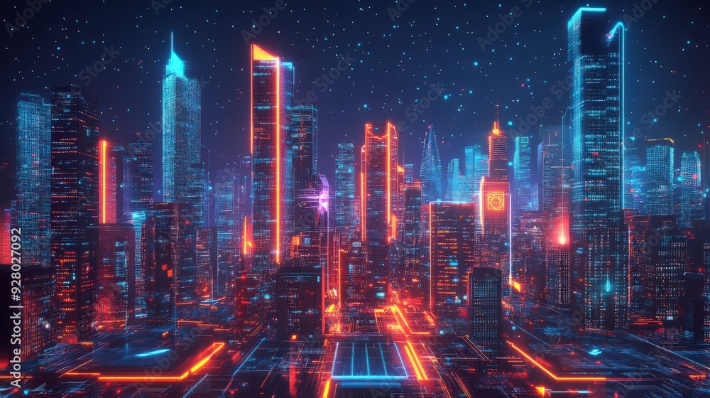 Naklejka premium A futuristic city with skyscrapers illuminated by neon lights against a starry night sky.