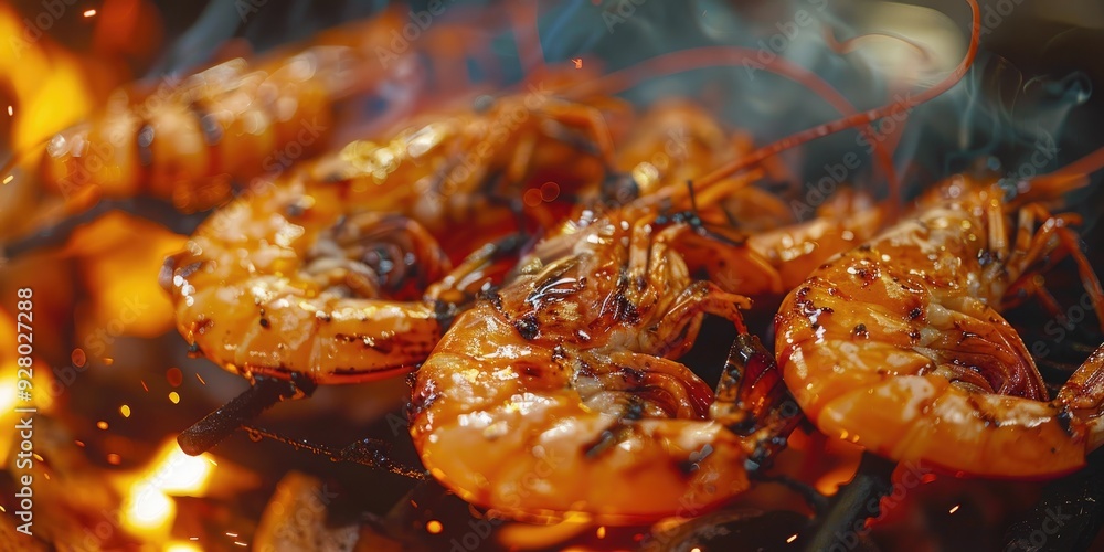 Grilled Shrimp in Close up View Grilled Shrimp in Close up View