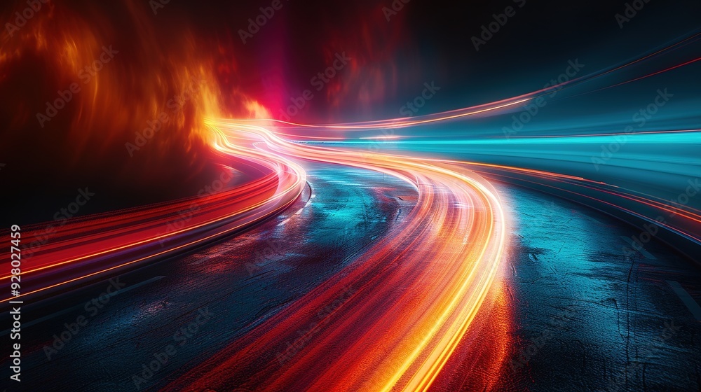 Abstract glowing light streaks on a dark asphalt road. Abstract glowing light streaks on a dark asphalt road.