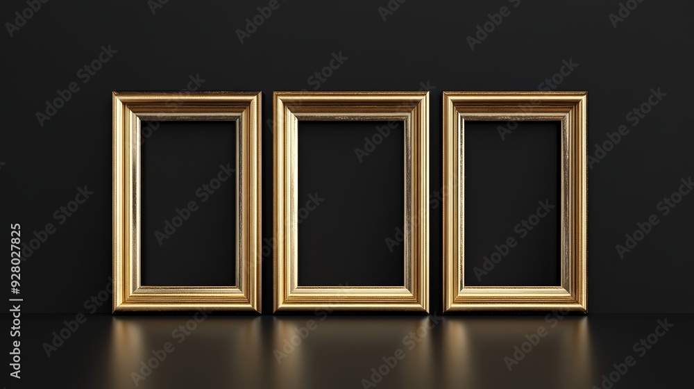 Three gold picture frames on black background Three gold picture frames on black background