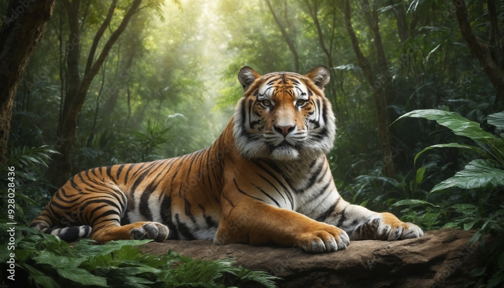 Obraz premium Majestic tiger resting on a rock in a lush jungle