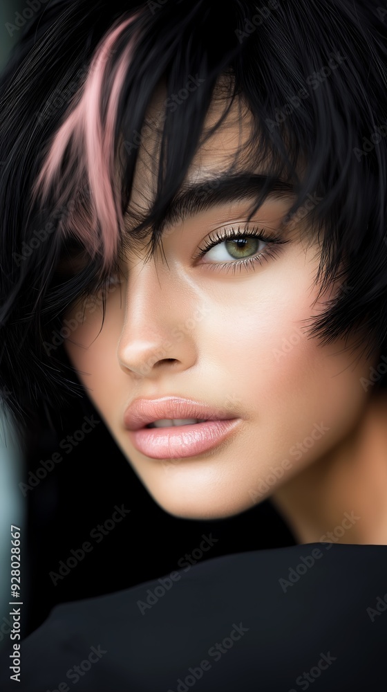 closeup woman hair black eyes medusa short bangs professional result young face shown ranger desirable