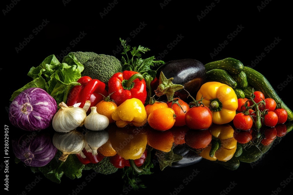 Various raw vegetables on a black reflective background. A conceptual image on the topic of vegetarianism with generative ai Various raw vegetables on a black reflective background. A conceptual image on the topic of vegetarianism with generative ai