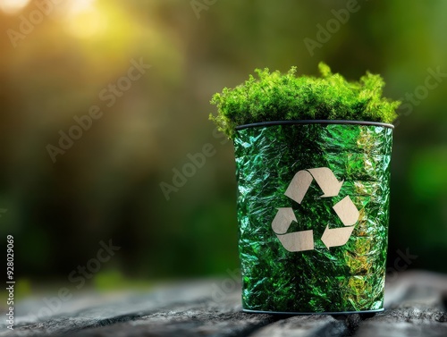 Eco-Friendly Recycling Bin with Green Plants Symbolizing Environmental Conservation and Sustainability