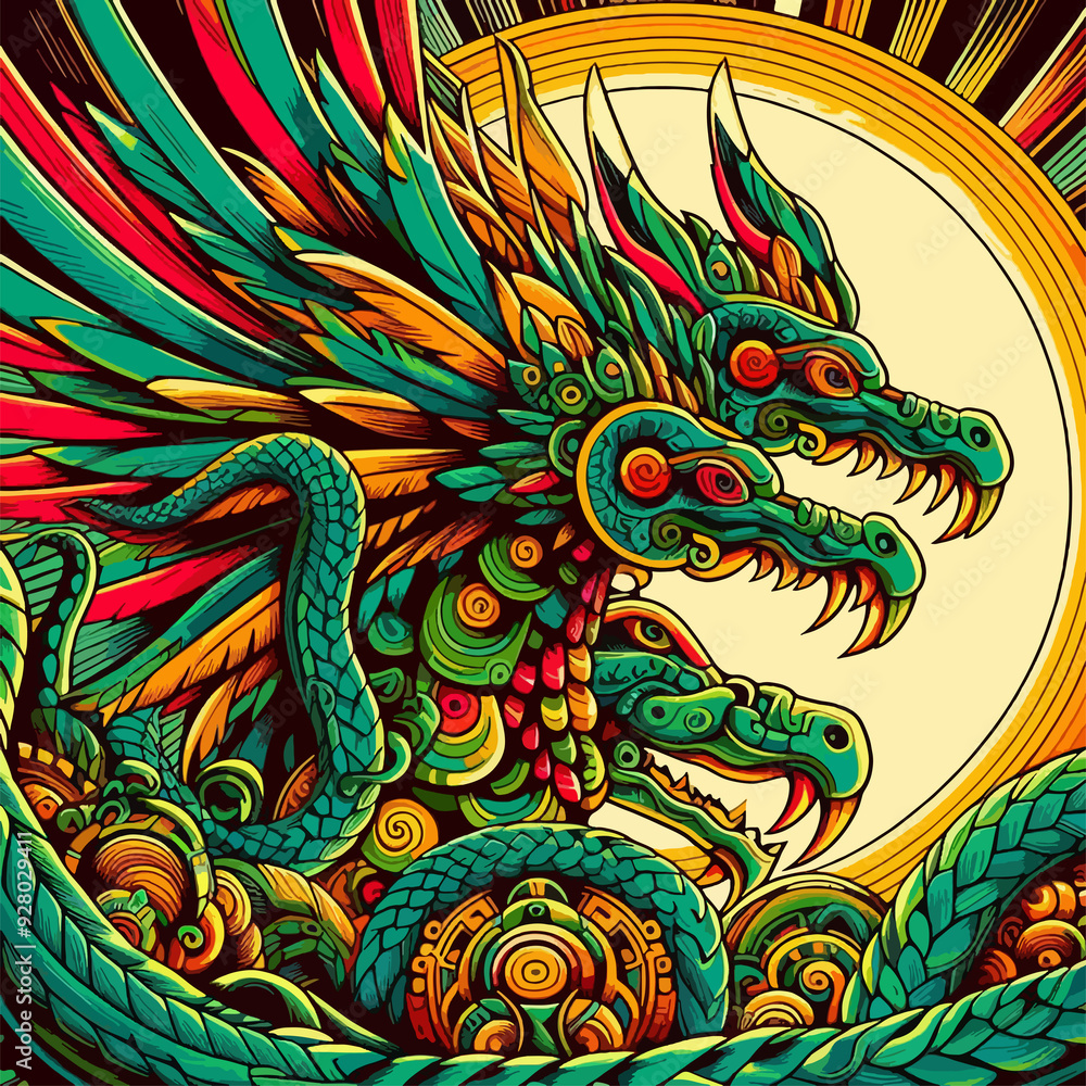 A colorful drawing of a green dragon with two heads and a long tail A colorful drawing of a green dragon with two heads and a long tail