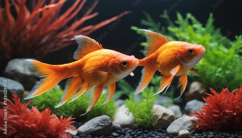 Fototapeta premium Two goldfish swimming in a vibrant aquarium environment