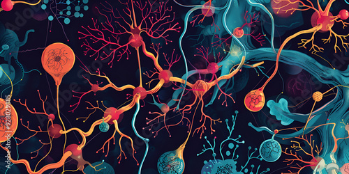 Artistic Visualization of Neural Networks and Brain Connections, Symbolizing Neuroscience and Mental Health, Colorful Neural Connections in an Abstract Art Style, Representing Brain Function and Neur
 photo