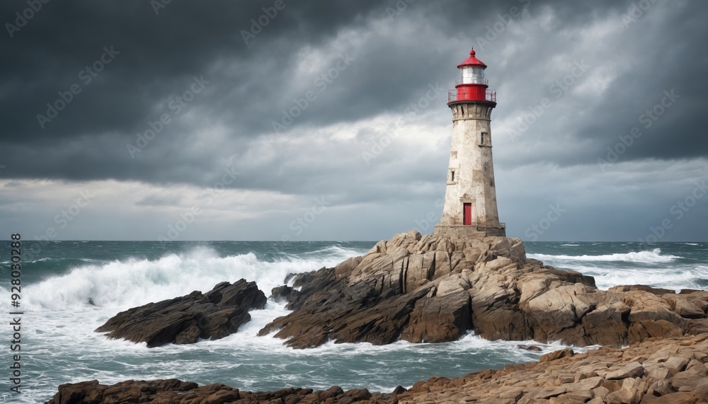 Obraz premium A coastal lighthouse bathed in golden hour light, standing tall against rough seas