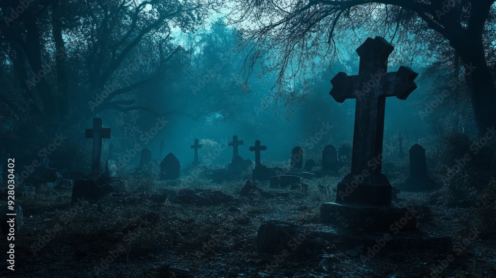 Graveyard in spooky death Forest At Halloween Night. Graveyard in spooky death Forest At Halloween Night.