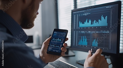 A man in a blue shirt looks at his phone, while sitting at a desk with a computer monitor showing financial graphs.