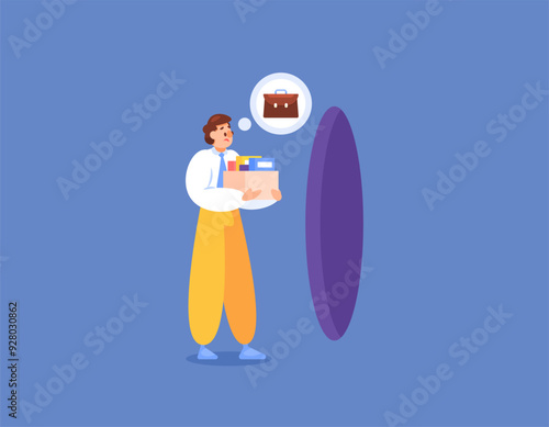 concept of being fired. quit or resign from work. illustration of a man sad because he has been fired from his job. carrying work equipment. flat style design. graphic elements