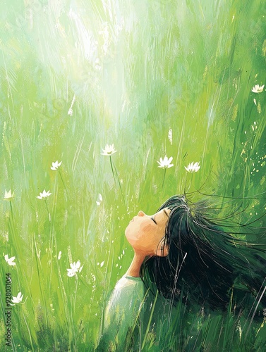 woman laying field grass flowers green liquid sea breeze rises air birch closed eyes ecstasy leaves greens dissolving