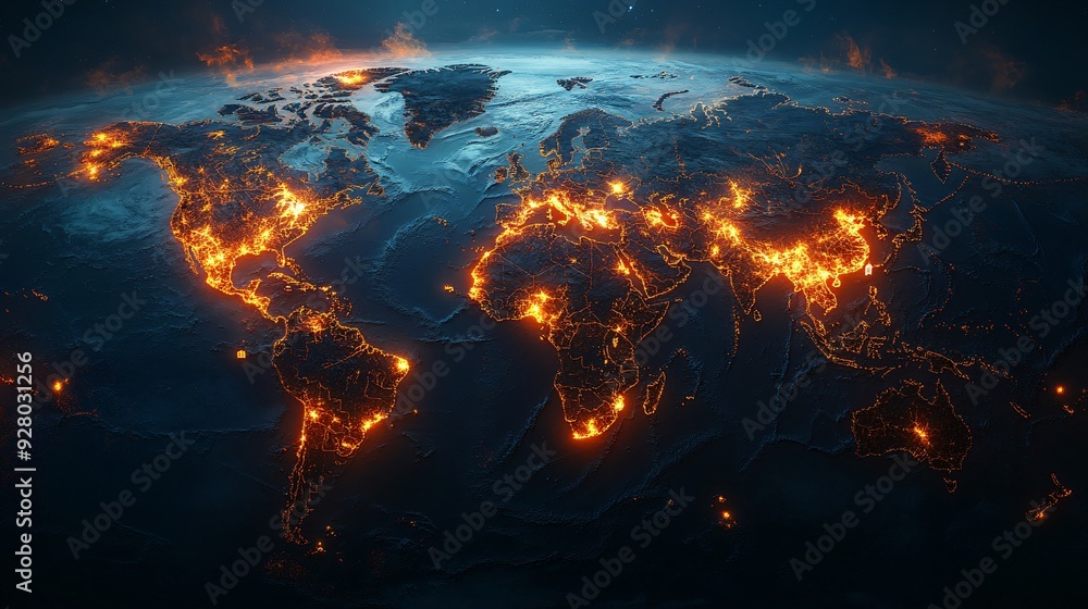 Illuminated Global Humanitarian Relief Map with Emergency Markers in 3D Illuminated Global Humanitarian Relief Map with Emergency Markers in 3D