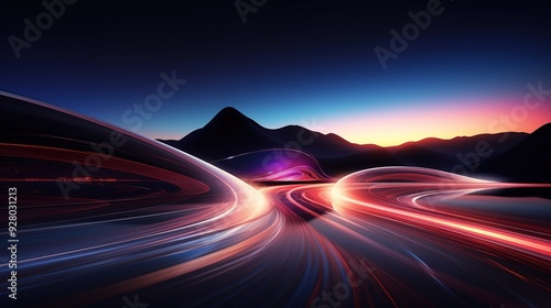 Abstract landscape with a winding road and glowing lights, inspired by futuristic technology.