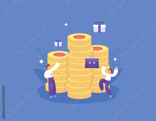 employee benefit concept. incentives and rewards for exemplary or best workers. illustration of staff who are happy because they received a gift or bonus from work. flat style design. graphic elements