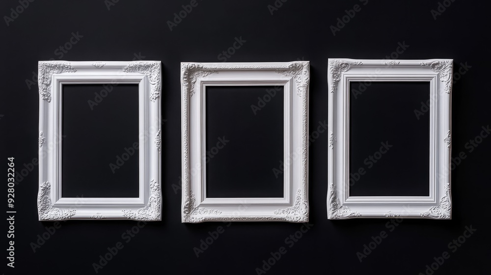 Three white picture frames on black background Three white picture frames on black background