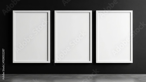 Three white picture frames on black background