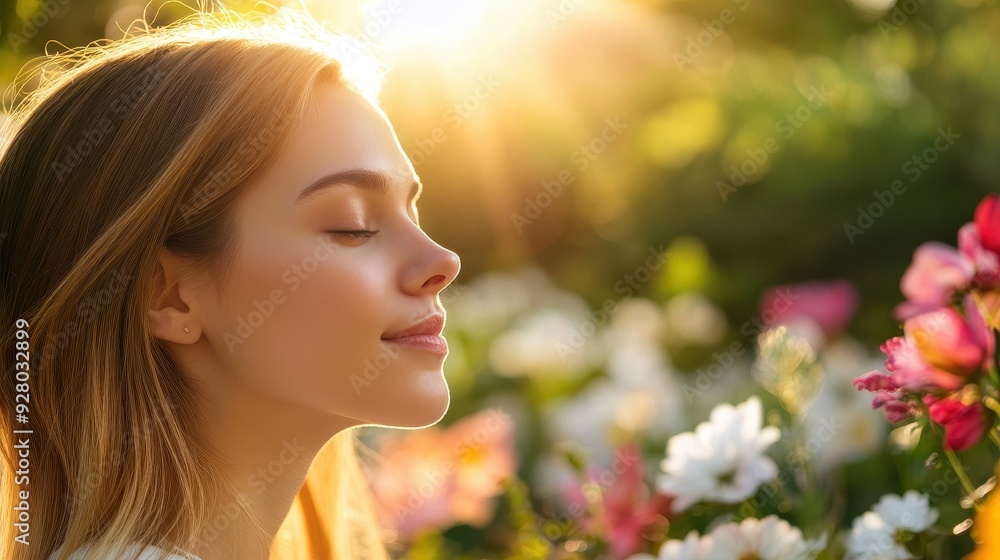 Fototapeta premium Serene Young Woman Enjoying Nature in a Sunlit Garden Surrounded by Colorful Flowers