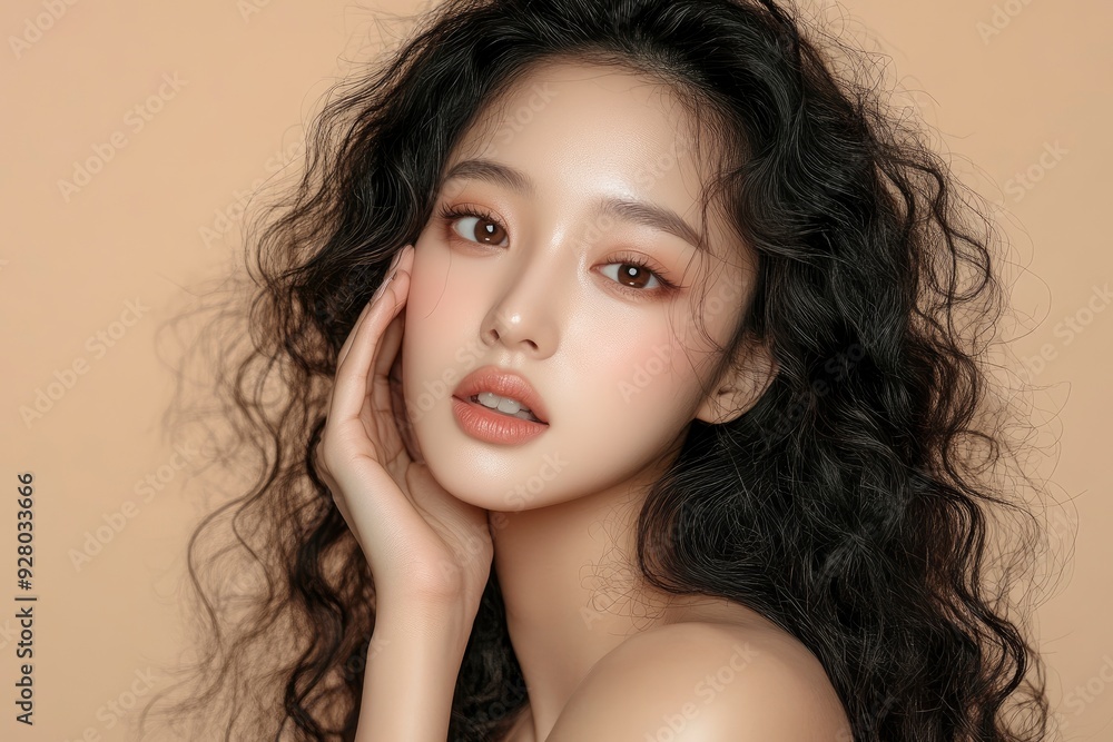 Naklejka premium Young Asian beauty woman curly long hair with korean makeup style touch her face and perfect skin on isolated beige background. Facial treatment, Cosmetology, plastic surgery with generative ai