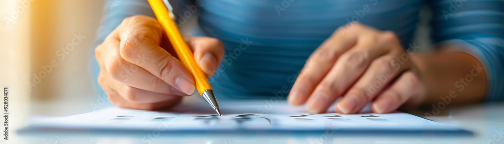 Hand writing on a white paper with a yellow pen Hand writing on a white paper with a yellow pen