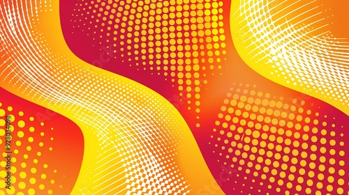 Abstract bright yellow and red halftone and lines background.