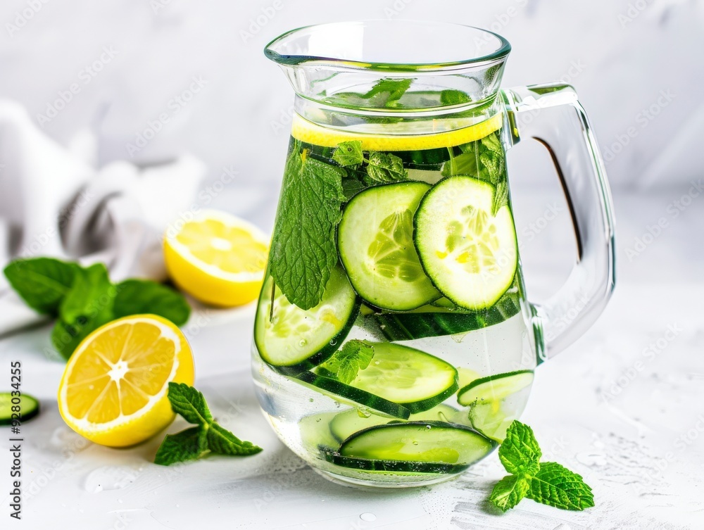 Glass pitcher of cucumber and mint infused water with fresh lemon slices. Glass pitcher of cucumber and mint infused water with fresh lemon slices.