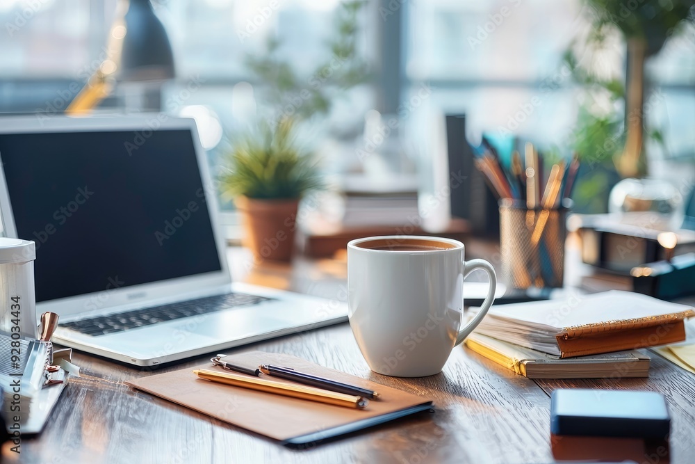 A white coffee mug sits on a wooden desk next to a laptop, daily routine office workers A white coffee mug sits on a wooden desk next to a laptop, daily routine office workers