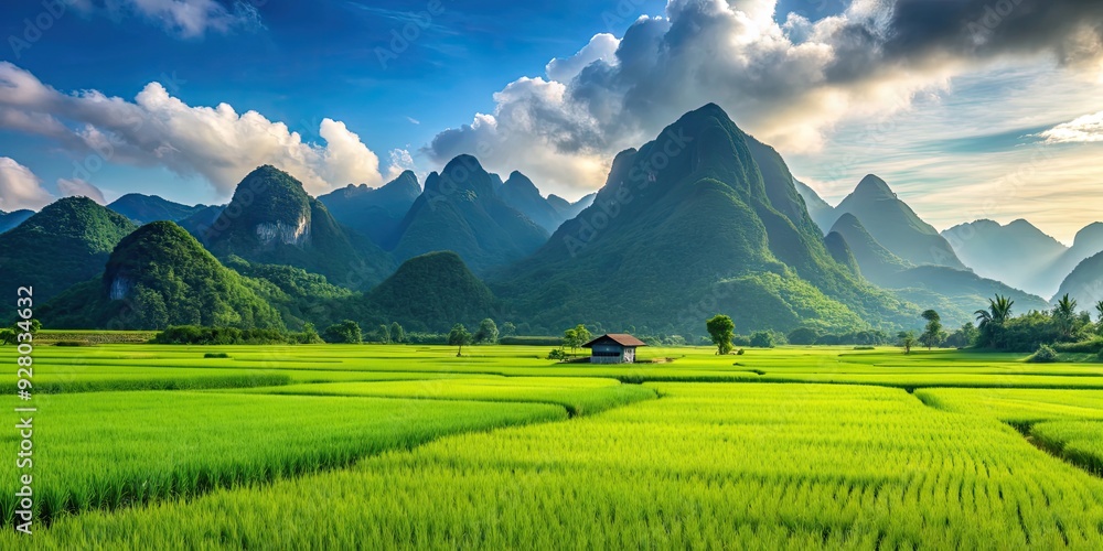 Green rice field surrounded by majestic mountains, nature, agriculture, landscape, scenic, tranquil, countryside Green rice field surrounded by majestic mountains, nature, agriculture, landscape, scenic, tranquil, countryside