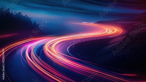 Abstract light trails on a winding road at night.