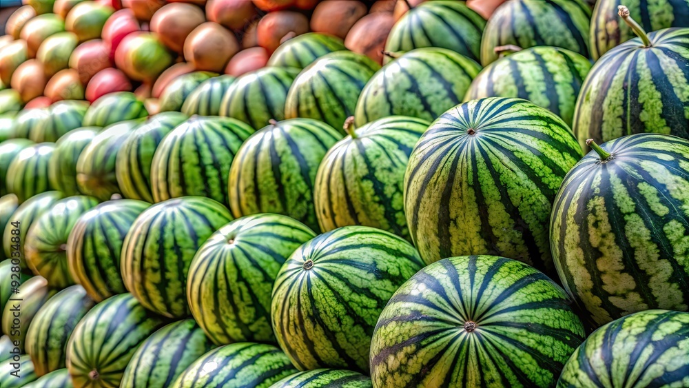 Sweet and ripe watermelons with black stripes at a market , juicy, fresh, fruit, summer, green, striped, ripe, market Sweet and ripe watermelons with black stripes at a market , juicy, fresh, fruit, summer, green, striped, ripe, market