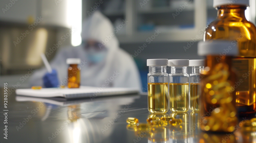 Scientific laboratory with vials of medicine and researcher in protective gear working Scientific laboratory with vials of medicine and researcher in protective gear working