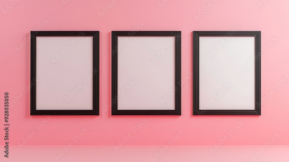 Three black picture frames on pink background Three black picture frames on pink background