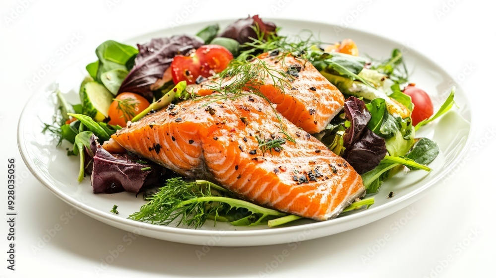 Seafood salmon salad plate isolated white background with copy space Seafood salmon salad plate isolated white background with copy space